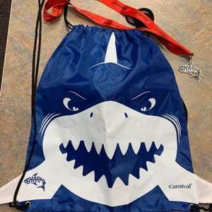 Carnival blue shark string tie bag & red lanyard
